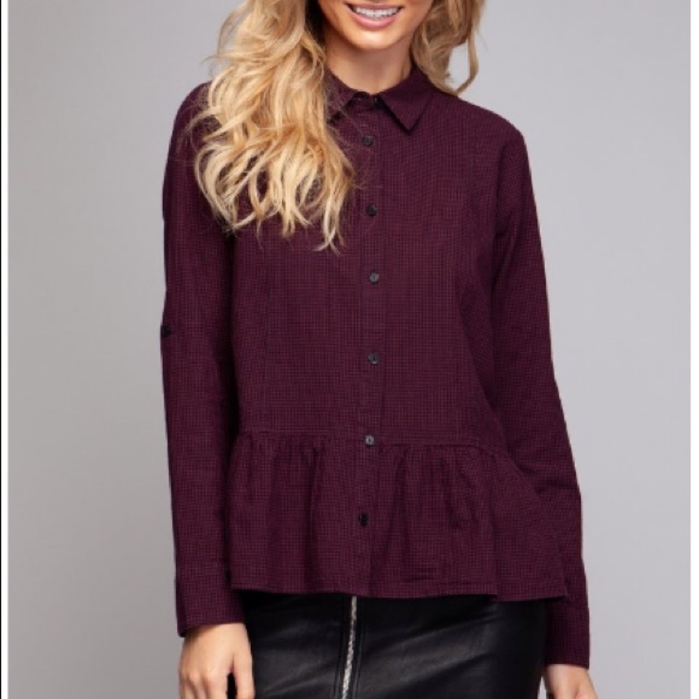 NWT Always and Forever burgundy peplum button up
